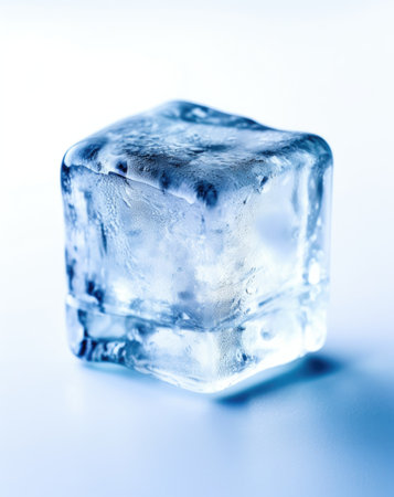 Crystal clear, ice block cubes, on white surface with reflection. cubes of ice.の素材