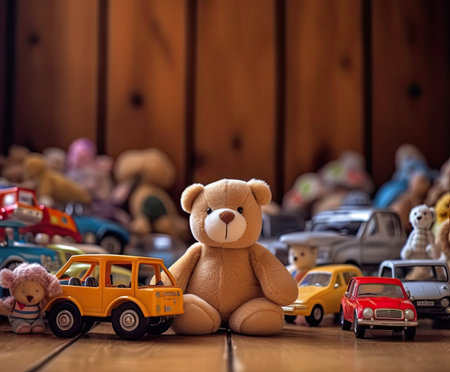 Container with teddy bear, wooden rattles, stacking pyramid and wood blocks on light background. Cute toys collection for small children. donation. front view.の素材