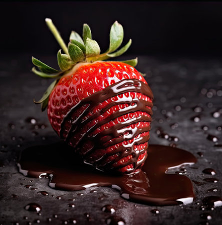 Appetizing fresh sweet strawberry covered with liquid milk chocolate against brown background in studio.の素材