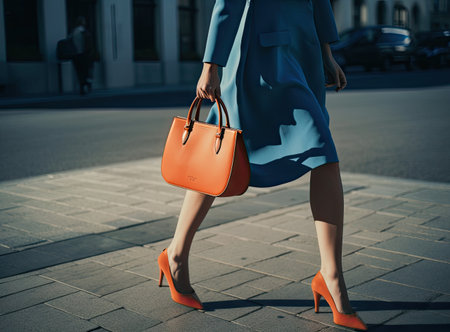 Women's legs in orange shoes. Bright orange shoes and handbag. Stylish slim girl in soft blue warm coat, gray warm dress and heels walking on the rainy wet street. photoの素材