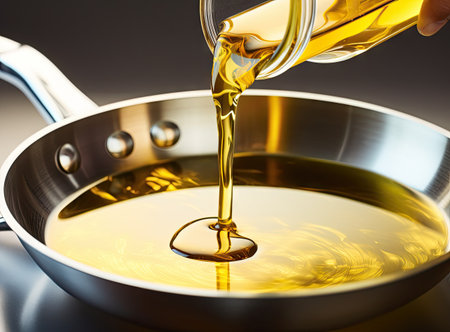 Woman pouring cooking oil from bottle into frying pan on stove, closeupの素材