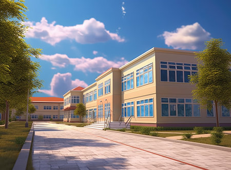 public school building. Exterior view of school created with Generative AI technology.の素材