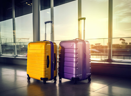 stack of traveling luggage in airport terminal building and passenger plane flying over urban scene.の素材