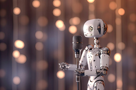 On the stage, a robot singer with a microphone performs a song.の素材