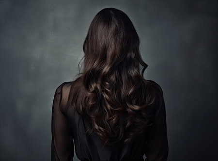 Portrait of a beautiful young brunette woman with long wavy hair. back viewの素材