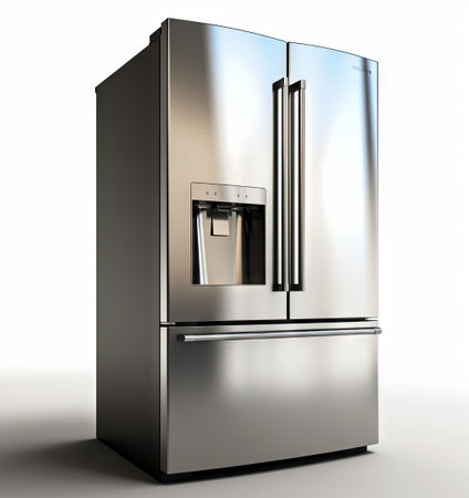 Top Mount Refrigerator Isolated on White Background. Modern Fridge Freezer. Electric Kitchen and Domestic Major Appliances. Front View of Stainless Steel Two Door Top-Freezer Fridge Freezer.の素材