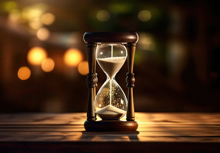 Sand running through the bulbs of an hourglass measuring the passing time in a countdown to a deadline, on a dark background with copy space.の素材