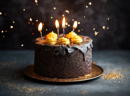 Chocolate birthday cake with golden candles.の素材