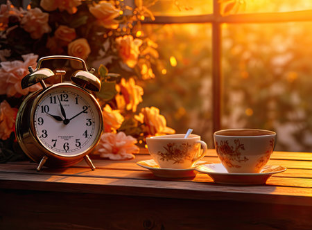 Alarm clock on window sill in the morning.の素材