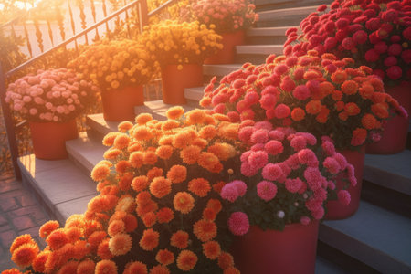 Chrysanthemums plants and flowers in pots on a doorstep leading to a garden or patio.の素材