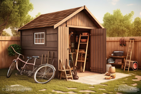 Small house cabin shed together with rich green vegetation and a lovely summer meadowの素材