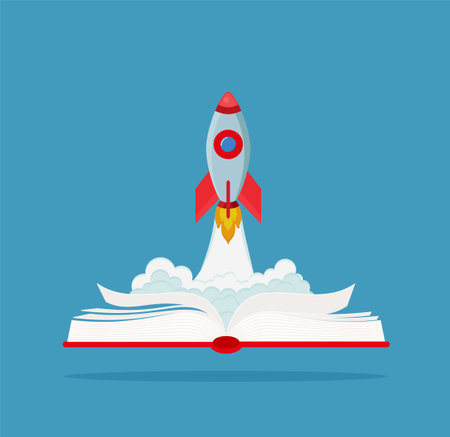 Rocket launch, ship and opened book. vector illustration. Concept of education poster, banner. EPS 10.のイラスト素材