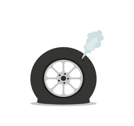 Deflated automobile tire. Punctured wheel of car. Element of Tire service station. cartoon flat illustration. comic air and smoke. Accident and repair Eps 10のイラスト素材