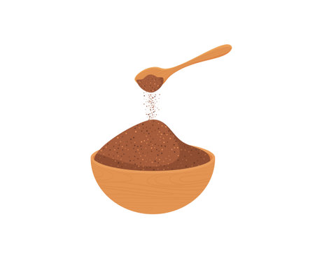 Vector illustration ground cinnamon in a wooden bowl on white background.のイラスト素材