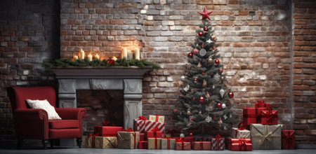 Living room with a decorated Christmas tree on the background of a brick wall and a sofa created with Generative AI technology.の素材