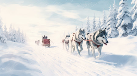 Sled dog Siberian husky is driving a sled through a winter snow-covered forest created with Generative Al technology.の素材