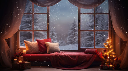 Cozy and festive atmosphere. Cushions and decor on the windowsill. created with Generative AI technology.の素材