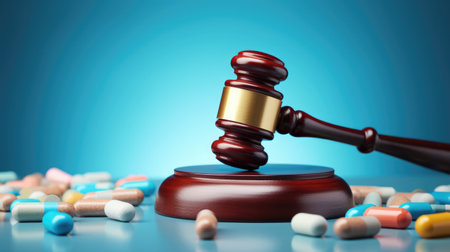 Gavel with pills. medical concept. Medical law and crime created with Generative AI technology.の素材
