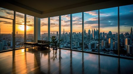 Gaze at the glittering gems of the city skyline from the comfort of your empty room. Your own piece of heaven among tall skyscrapers.の写真素材