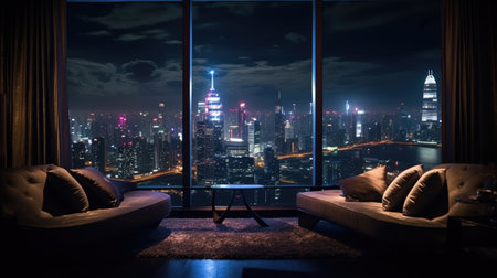 Gaze at the glittering gems of the city skyline from the comfort of your empty room. Your own piece of heaven among tall skyscrapers.の写真素材