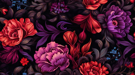 illustration of a seamless floral pattern where vibrant flowers contrast beautifully against a rich black background.の素材