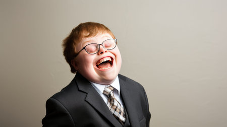 touching portrait boy with Down Syndrome with his infectious smileの素材