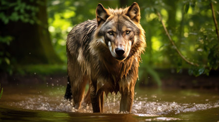 A breathtaking shot of a wolf in its natural habitat, showing its majestic beauty and strength.