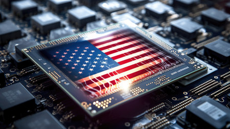 microchip located on a motherboard with an American flag included in its design. US as the world's leading chip manufacturer and supplier by strength of its chip industry and global supply chain.の素材