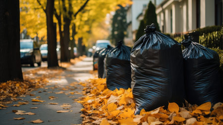 large black plastic trash bags filled with fallen dried leaves, standing on the grass beside city...