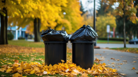 large black plastic trash bags filled with fallen dried leaves, standing on the grass beside city streets.の写真素材