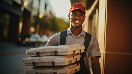 journey of a delivery person as they carry a stack of takeaway food containers. perfect for food delivery platforms, courier services, and restaurant marketing materials.の素材