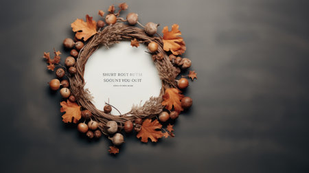 photo featuring a frame made of decorative pumpkins, dried grass, set against an autumnal backdropの素材