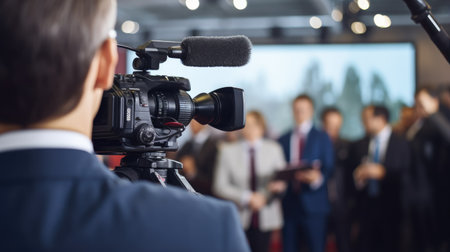 intensity of a press conference as a public speaker addresses a television camera, conveying vital information to the world.の素材