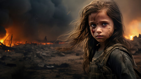 A poignant image of a little migrant child, portraying the emotional toll of war and the resilience of young survivorsの素材