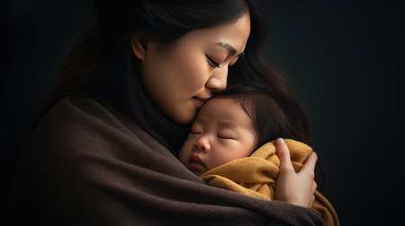 The emotional connection between an Asian mother and her baby, where love and care bring comfort and calmness to their world."の素材
