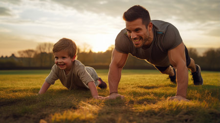 Father and son engage in a home exercise routine, emphasizing the importance of family health and physical well-beingの素材