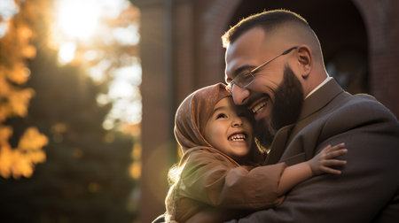 Cute Happy Little Arab Girl and Her Father. Loving Muslim Family Having Fun Together, Closeupの素材