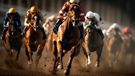Racehorse and jockeys sprint down the home straight in a thrilling display of speed and determinationの素材