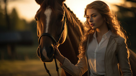 A young equestrian and her horse bask in the warm evening light, creating a heartwarming countryside sceneの素材