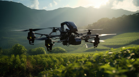 modern farming technology as an industrial drone soars over a lush green field, delivering precision spraying for increased productivity.の素材