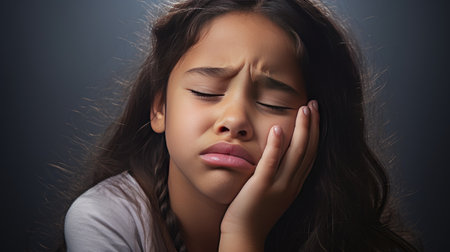 Toothache Troubles, Studio shot of a young Asian girl in pain, highlighting the importance of dental care.の素材