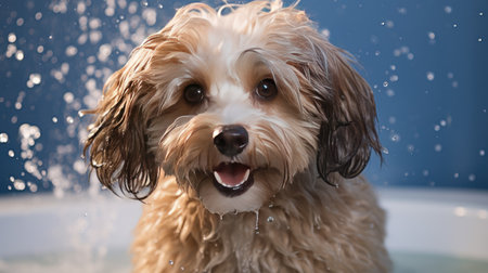 Bathing Your Furry Friend, importance of pet cleanliness with a happy dog in a bath. Great for pet hygiene and wellness campaigns.の写真素材