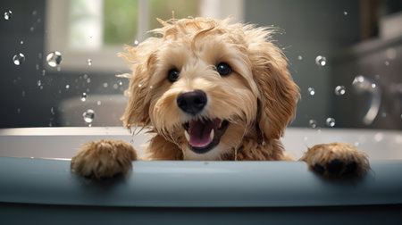 Bathing Your Furry Friend, importance of pet cleanliness with a happy dog in a bath. Great for pet hygiene and wellness campaigns.の写真素材