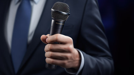 compelling image of a microphone in the hand of a journalist, ready to capture the latest stories and interviews.の素材