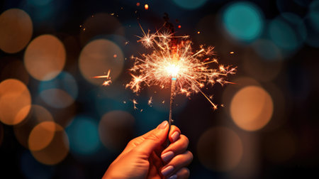 festive atmosphere with a close-up of women's hands holding a bright sparkler. Illuminate your celebration with joy and happiness.の素材
