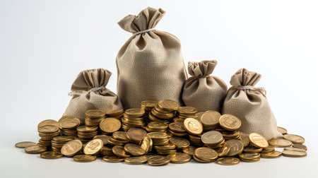 financial success with money bags filled with coins on a clean white background. Convey the concept of wealth and abundance.の素材