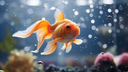 elegance of a pet goldfish gracefully swimming in its aquariumの素材