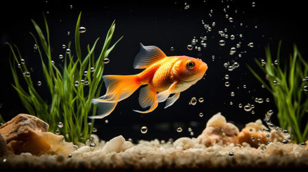 elegance of a pet goldfish gracefully swimming in its aquariumの素材
