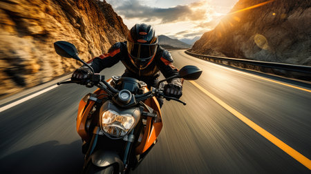 rush as bikers on a motorcycle blur down the asphalt road.の素材