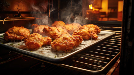 art of cooking as golden fried chicken sizzles in the oven, filling the kitchen with savory aromas.の素材